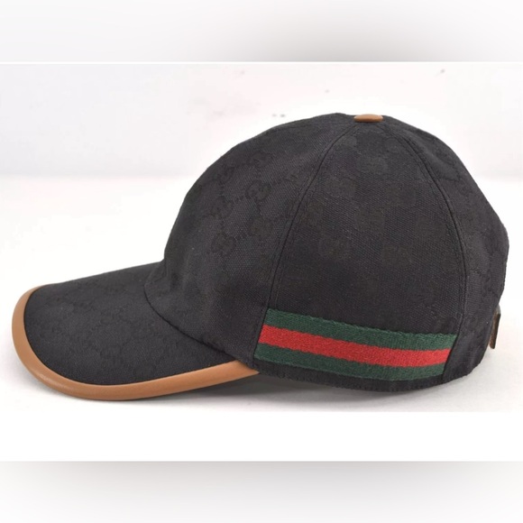 GUCCI Web Sherry Line Baseball Cap GG Canvas Leather Size L black/beige - Picture 3 of 16